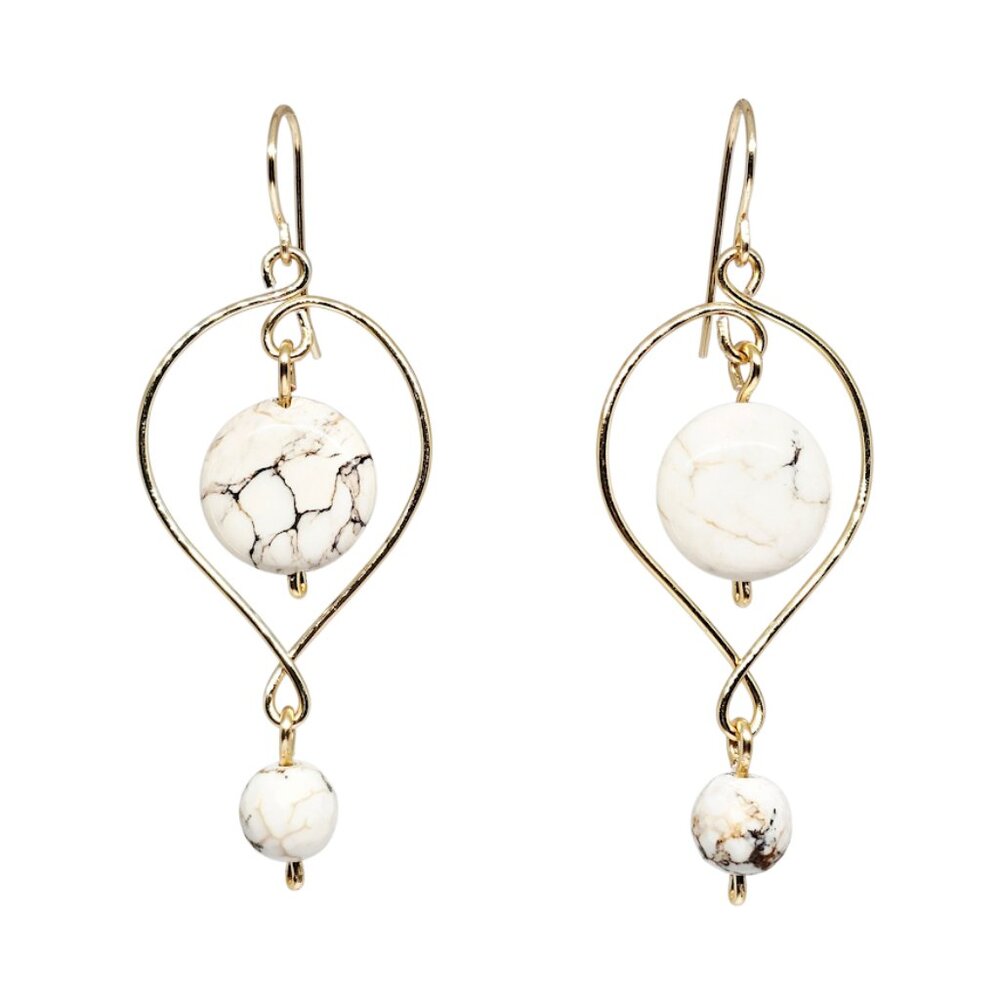 Handmade White Howlite Gemstone Beaded Gold Hoop Dangle Earrings Boho Chic